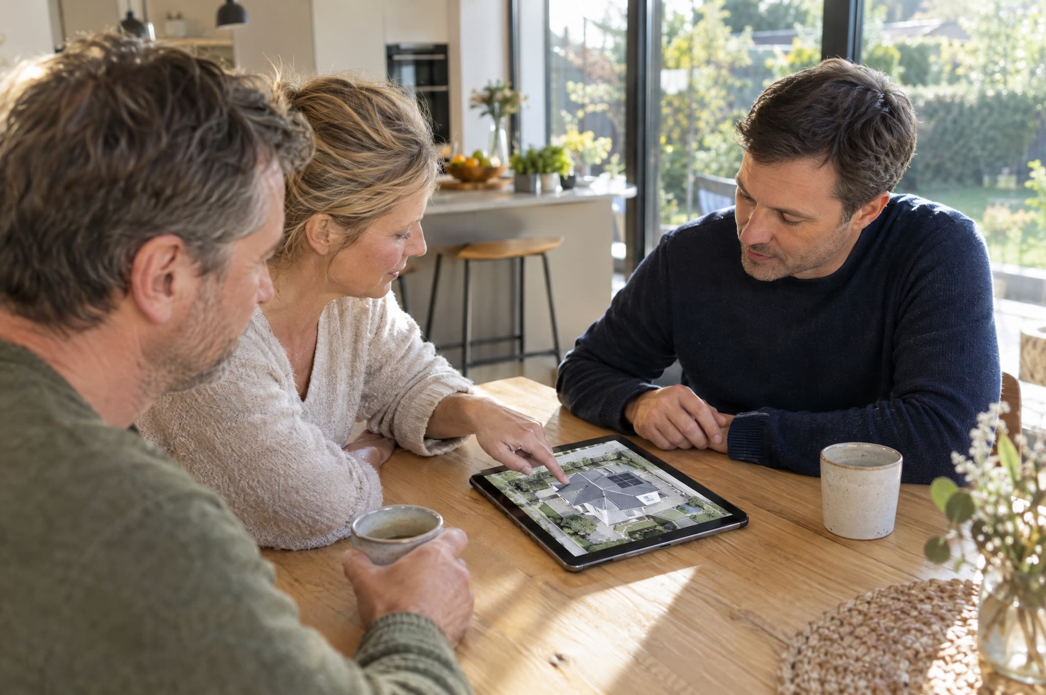 Berater zeigt einem Ehepaar am Esstisch den Belegungsplan ihres Daches auf einem Tablet