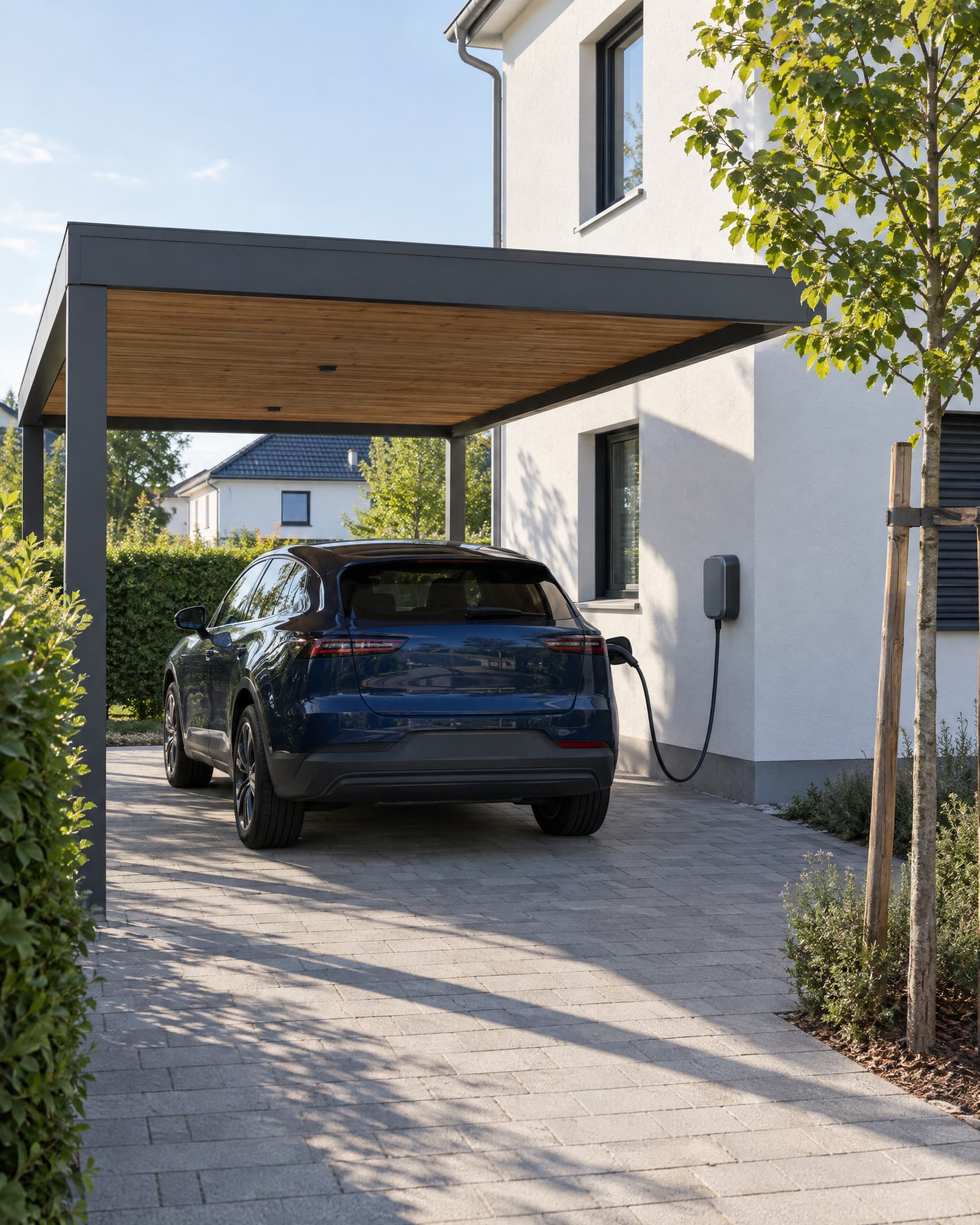 Elektroauto lädt an einer Wallbox im Carport eines Neubaus